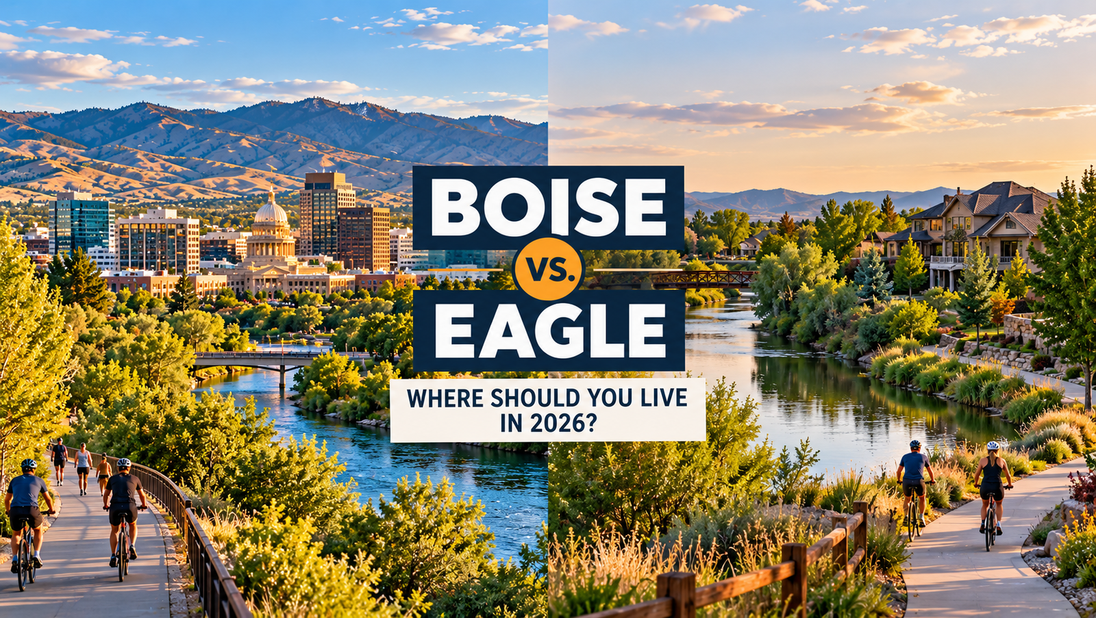 Split view comparing downtown Boise and an upscale Eagle neighborhood along the Boise River at sunset.