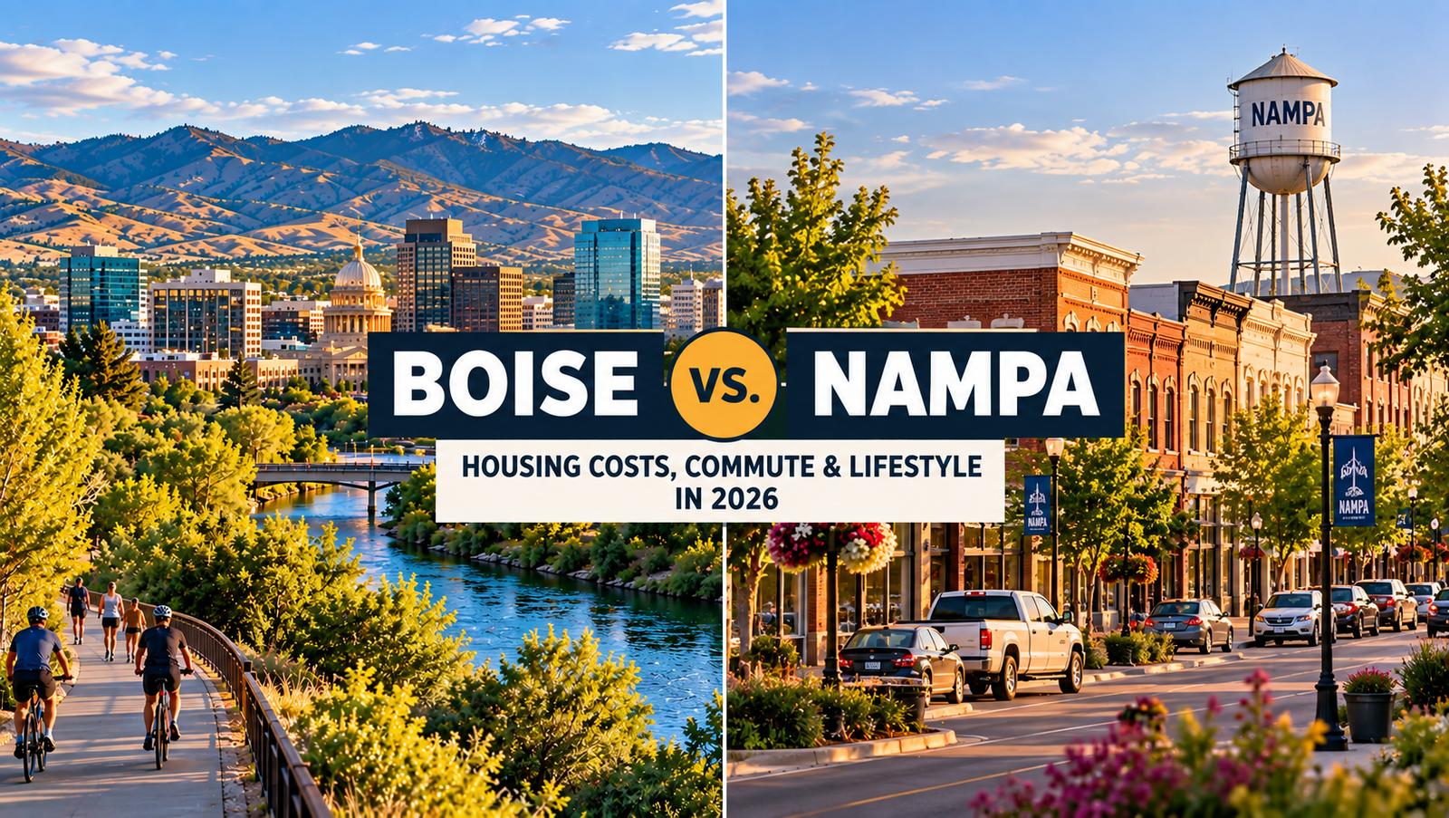 Split view comparing downtown Boise and historic Downtown Nampa with Treasure Valley scenery.