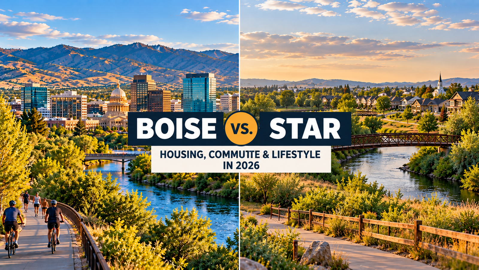 Split view comparing downtown Boise and a newer Star neighborhood along the Boise River at sunset.