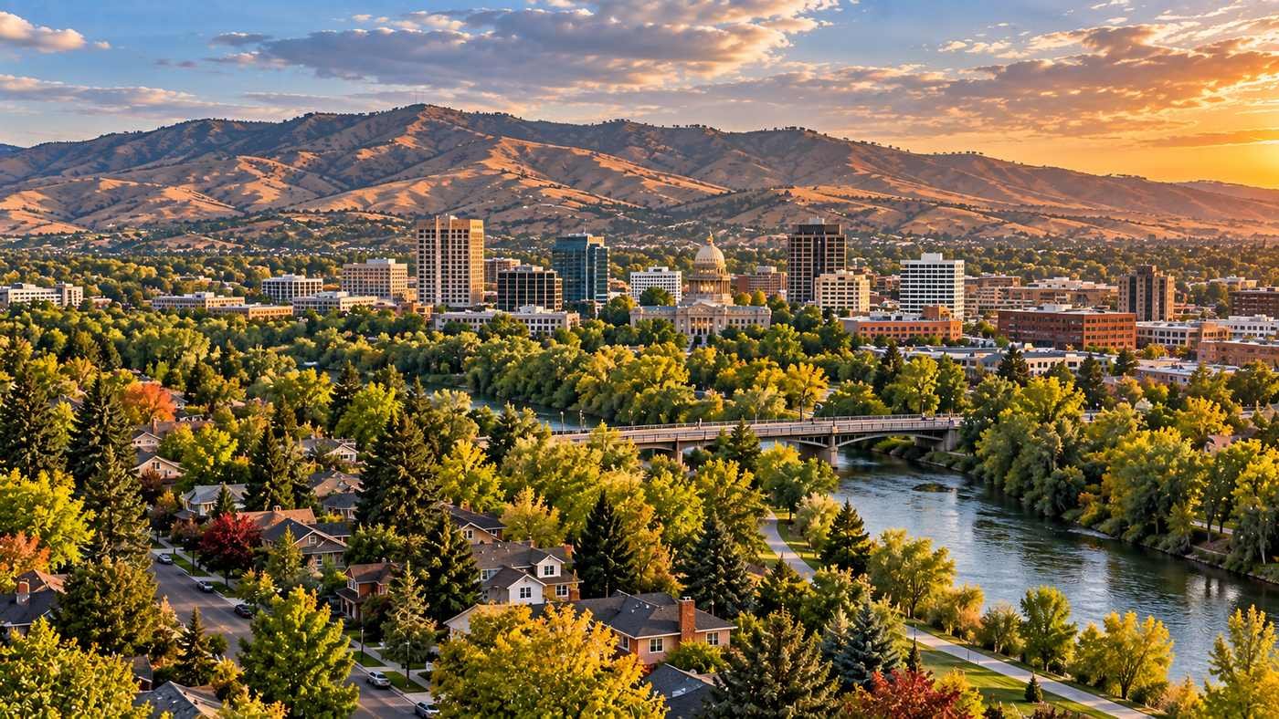 Boise River Greenbelt with downtown Boise, the Idaho State Capitol and foothills at sunset.